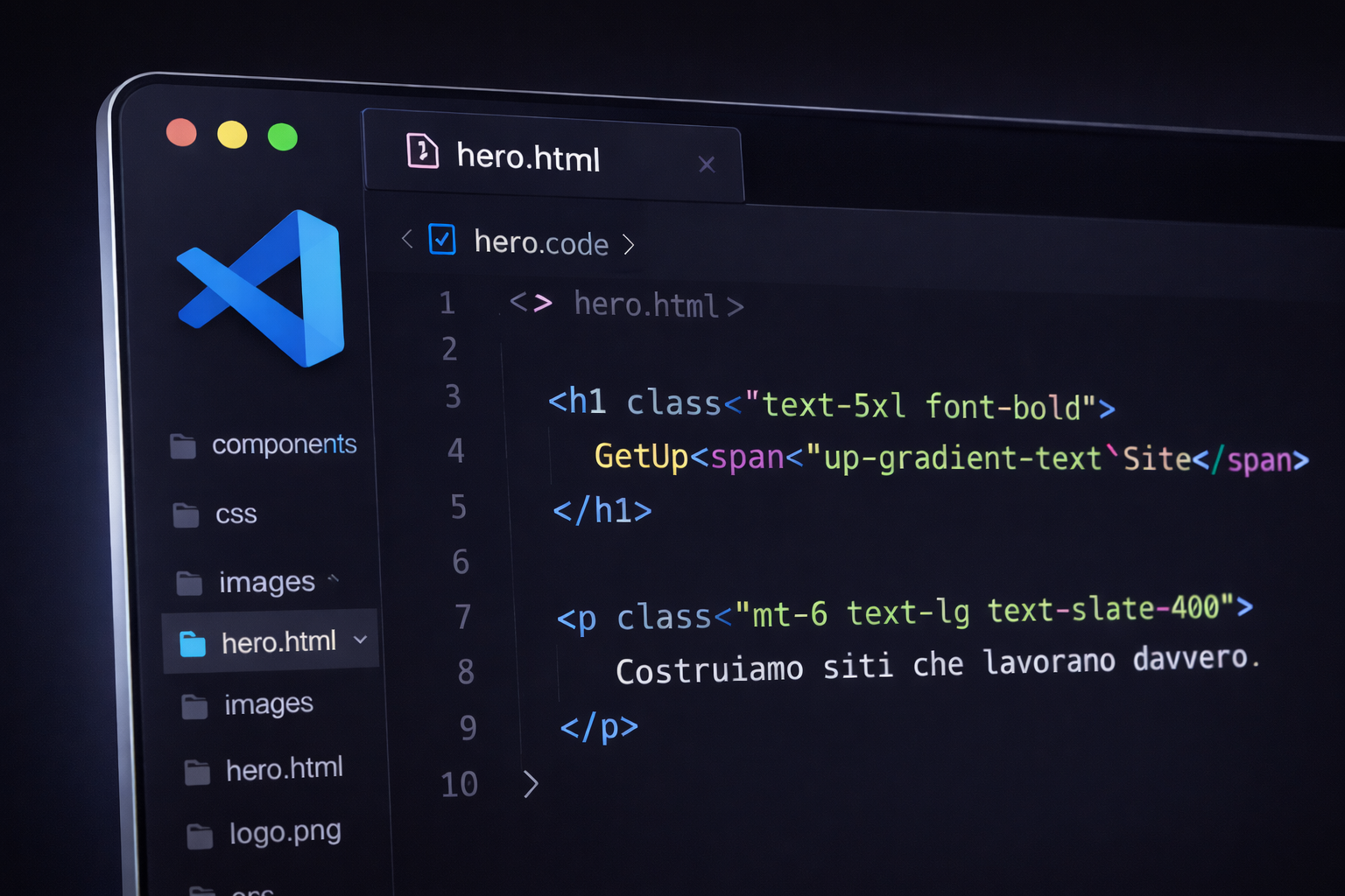 Visual Studio Code aperto con il codice di un progetto GetUpSite